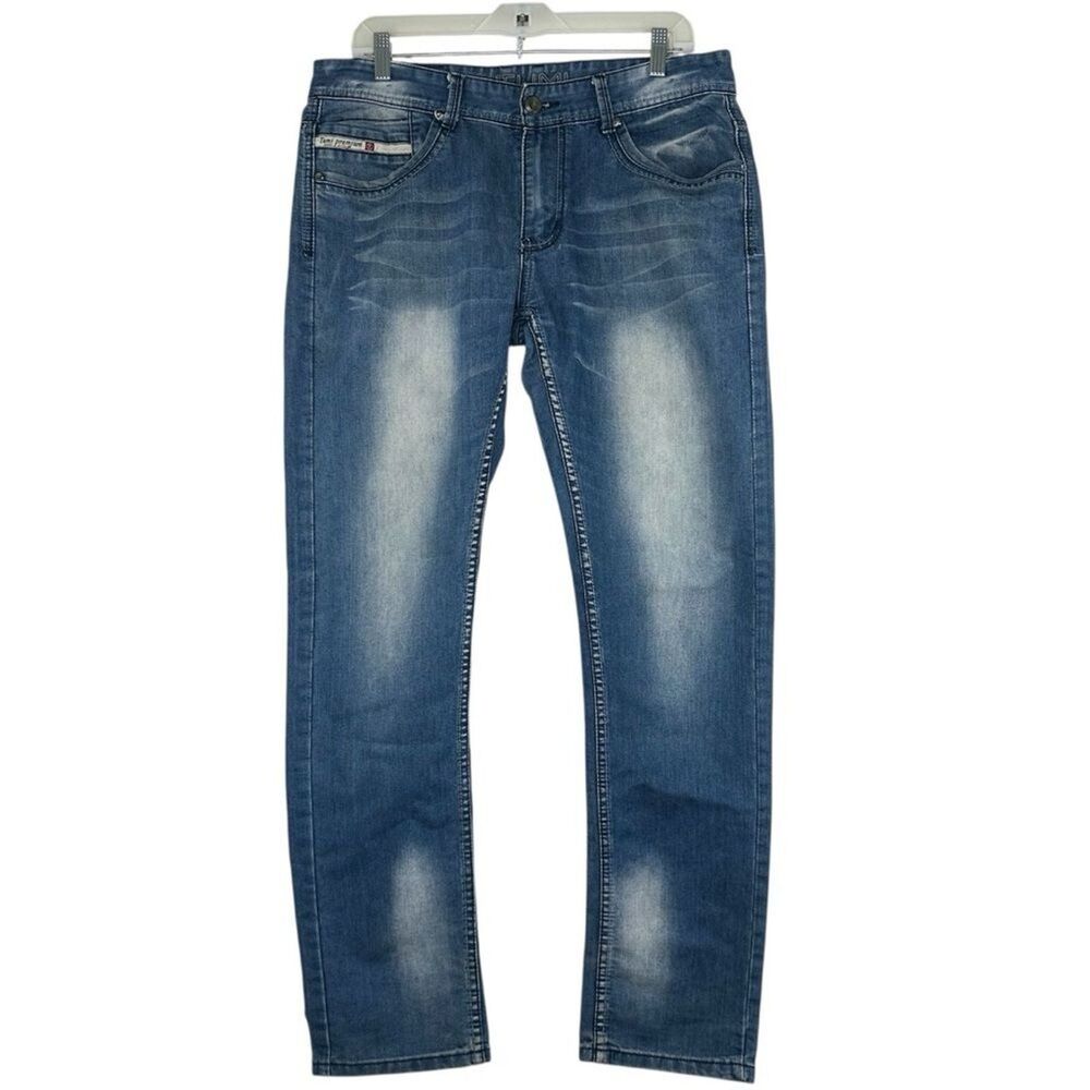 TUMI Men’s 34x32 Blue Premium Denim Jeans Straight Relaxed Fit Distressed Faded